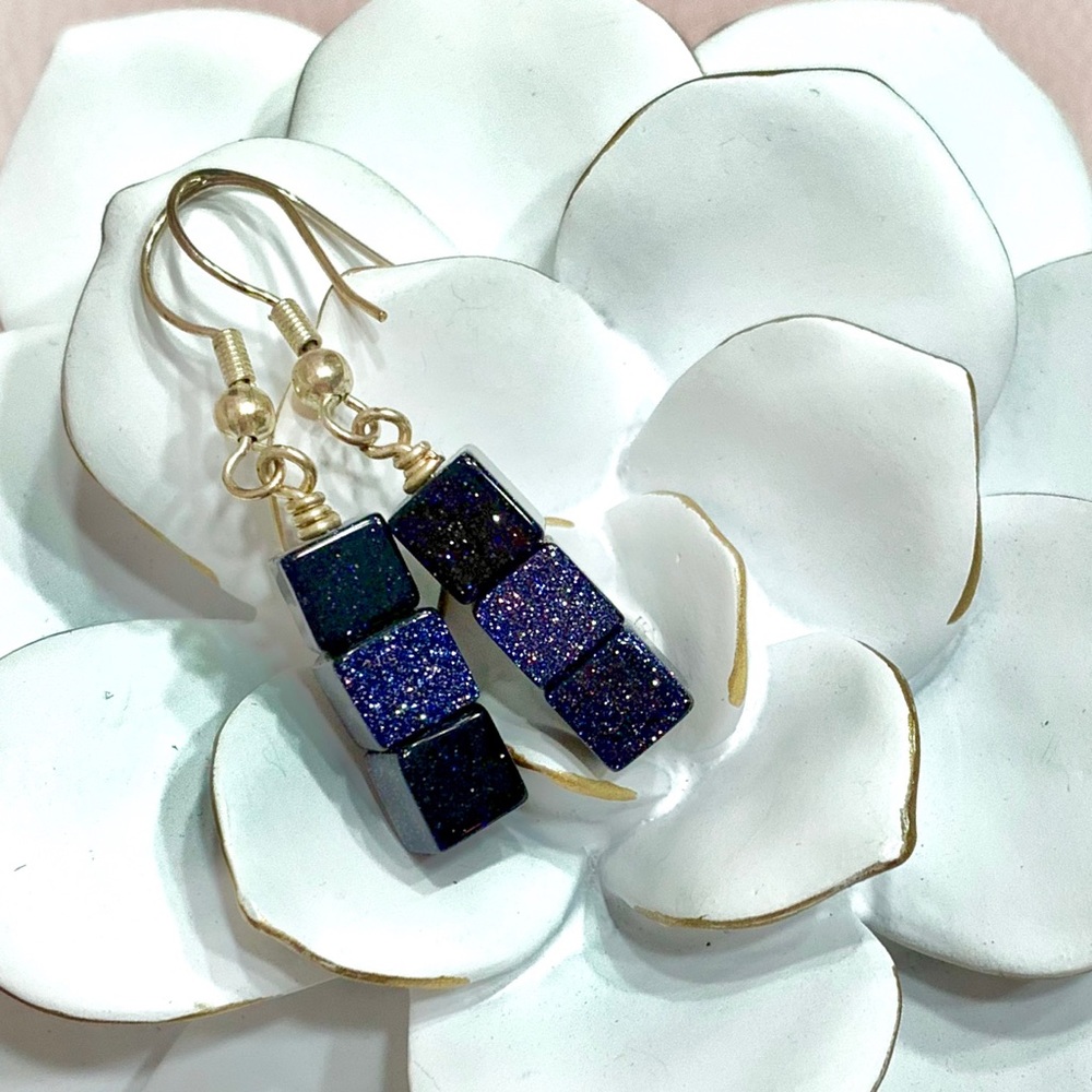 Blue Sunstone Cube & Silver Earrings